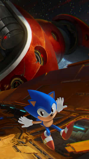 Sonic the Hedgehog 在一個背景有紅色太空船的太空站中奔跑。 — 音速小子 壁紙