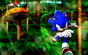 Sonic the Hedgehog 在一個有巨大蘑菇的森林中奔跑，Knuckles 在觀看。 — 音速小子 壁紙