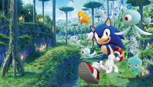 Sonic the Hedgehog 在一個有發光植物和漂浮生物的魔法森林中奔跑。 — 音速小子 壁紙