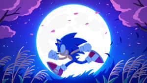 Sonic the Hedgehog 在月光照耀的夜晚奔跑，伴隨著紫色雲朵和飄落的花瓣。 — 音速小子 壁紙