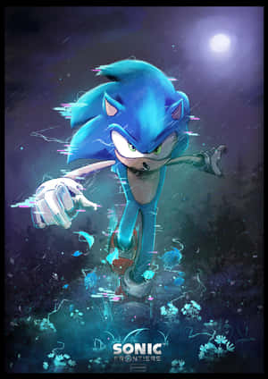 Sonic the Hedgehog 在夜晚的雨林中奔跑，帶有數位故障效果。 — iPad 第10代 壁紙