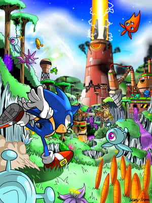 Sonic the Hedgehog 在一個有工廠和漂浮生物的色彩繽紛外星景觀中奔跑。 — Kindle 壁紙