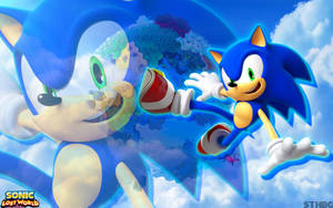 Sonic the Hedgehog 在藍色天空中奔跑，背景有一個地球儀。 — 音速小子 壁紙