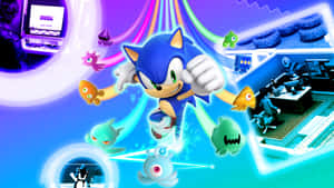 Sonic the Hedgehog 在一個色彩繽紛的數位世界中與敵人和遊戲裝備一起奔馳。 — 音速小子 壁紙