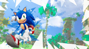 Sonic the Hedgehog 在色彩繽紛的森林中奔跑，背景為幾何圖案。 — 電玩遊戲 GIF 壁紙