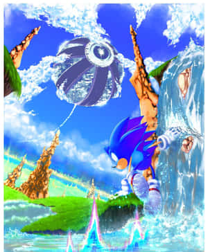 Sonic the Hedgehog 在有瀑布和浮島的翠綠風景中奔跑。 — Apple Watch Ultra 壁紙