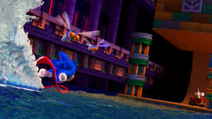 Sonic the Hedgehog 在色彩繽紛的城市場景中穿水而過。 — 音速小子 壁紙