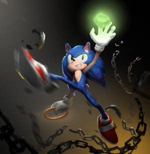 Sonic the Hedgehog 打破鎖鏈，同時拿著發光的綠色寶石。 — Galaxy Z Flip7 FE 壁紙