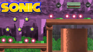 Sonic 遊戲關卡，帶有星星和城市背景 — 音速小子 壁紙