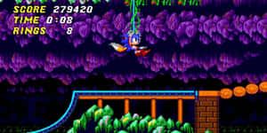 Sonic the Hedgehog 掛在一條藤蔓上，身處一個有圓環和管道的像素化遊戲洞穴。 — 音速小子 壁紙