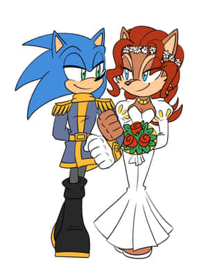 Sonic 和 Sally 穿著婚禮服裝手牽手，手持玫瑰花束。 — 2048x2732 壁紙