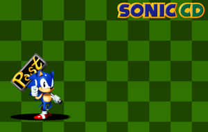 Sonic the Hedgehog 在綠色格子背景前舉起一個寫著「Past」的牌子。 — MacBook Air M4 壁紙