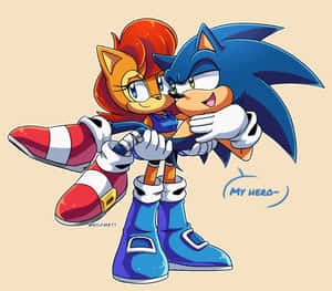Sonic the Hedgehog 被紅髮狐狸擁抱，帶有「My Hero~」對話框。 — 音速小子 壁紙