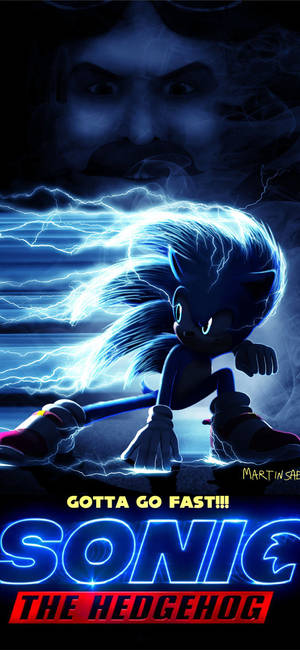 Sonic the Hedgehog 以充滿閃電的動作姿勢出現，背後有一個黑暗的面孔。 — 電玩遊戲 GIF 壁紙