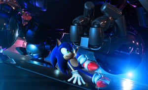 Sonic the Hedgehog 在科技環境中蹲在機械臂旁。 — 音速小子 壁紙