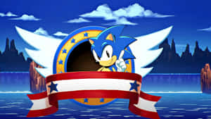 Sonic the Hedgehog 在帶有翅膀和星星的愛國標誌中。 — 音速小子 壁紙