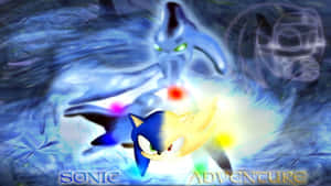 Sonic the Hedgehog 以藍黃分離的形態與背景中的幽靈龍一起奔馳。 — 音速小子 壁紙