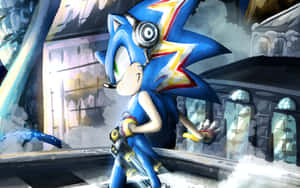 Sonic the Hedgehog 身穿藍色裝備，站在城市積雪的屋頂上。 — 音速小子 壁紙