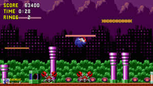Sonic the Hedgehog 在夜晚的像素化城市中奔跑，並有螃蟹敵人。 — 音速小子 壁紙