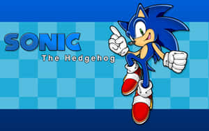 Sonic the Hedgehog 角色以奔跑姿勢站在藍色格紋背景上。 — 音速小子 壁紙
