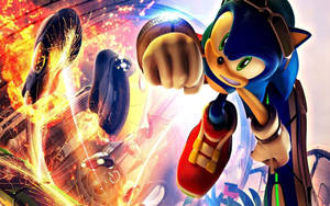Sonic the Hedgehog 在高速動作場景中，伴隨熾熱爆炸和未來車輛。 — 電玩遊戲 GIF 壁紙