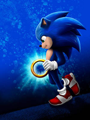 Sonic the Hedgehog 在藍色閃爍環境中手持發光戒指。 — 音速小子 壁紙