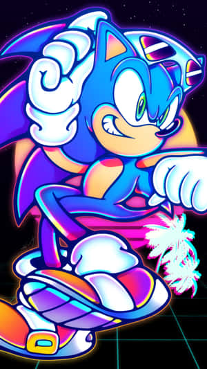 Sonic the Hedgehog 以霓虹色彩在星光燦爛的夜間網格背景上奔跑。 — 音速小子 壁紙