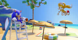 Sonic the Hedgehog 在救生員椅上，Tails在陽光明媚的海灘上空飛翔。 — 音速小子 壁紙