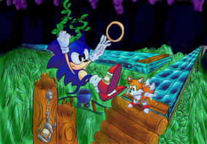 Sonic 拿著戒指跳躍，Tails在叢林的木橋上觀看。 — 音速小子 壁紙