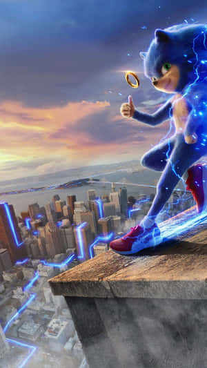 Sonic the Hedgehog 在城市邊緣豎起大拇指，伴隨著一個發光的戒指 — 音速小子 壁紙