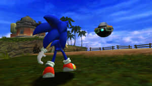 Sonic the Hedgehog 在熱帶遊戲場景中跑向漂浮機器人。 — 音速小子 壁紙