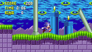 Sonic the Hedgehog 在一個有環和柱子的像素化電玩關卡中奔跑。 — 音速小子 壁紙