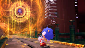 Sonic the Hedgehog 在遊戲場景中跑過一個燃燒的傳送門。 — 索尼克 壁紙