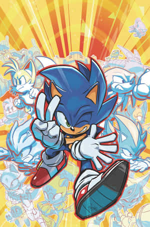Sonic the Hedgehog 在發光背景和幽靈複製品下做出和平手勢。 — 音速小子 壁紙