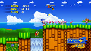 Sonic the Hedgehog 在有花朵和瀑布的草坡懸崖上奔跑。 — 索尼克 壁紙