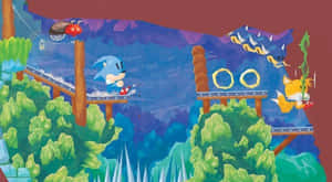 Sonic the Hedgehog 和 Tails 在一個有戒指漂浮的叢林關卡中奔馳。 — 音速小子 壁紙