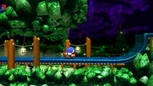Sonic the Hedgehog 在夜晚的綠色叢林洞穴中在藍色賽道上飛馳。 — 音速小子 壁紙