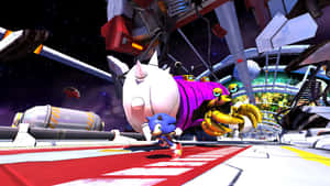 Sonic the Hedgehog 在太空站裡奔跑，有機器人追著他。 — 電玩遊戲 GIF 壁紙