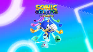 Sonic the Hedgehog 在漸變背景前被色彩繽紛的敵人和翡翠包圍。 — 音速小子 壁紙