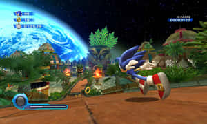 Sonic the Hedgehog 在叢林中奔跑，背景有星球。 — 索尼克 壁紙