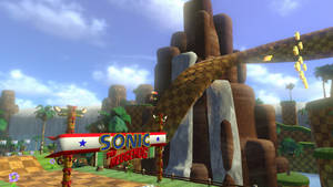 Sonic the Hedgehog 穿過叢林關卡，有格子斜道和棕櫚樹。 — 電玩遊戲 GIF 壁紙