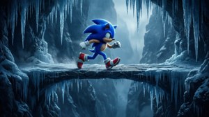 Sonic the Hedgehog 在一個冰凍洞穴中跑過一條冰凍的橋。