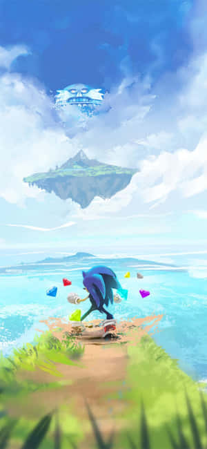 Sonic the Hedgehog 在懸崖邊緣奔跑，朝向一個有骷髏雲朵的浮空島嶼。 — OnePlus 13 壁紙