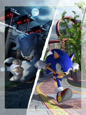 Sonic the Hedgehog 跑過一條竹林小徑，而他黑暗的形態則衝過一座月光照耀的堡壘。 — Kindle 壁紙