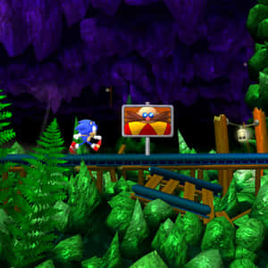 Sonic the Hedgehog 在叢林橋上奔跑，經過一個巨型蛋頭人廣告牌。 — 音速小子 壁紙