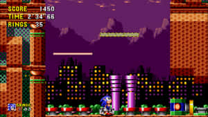 Sonic the Hedgehog 在像素化的夜間城市中奔跑，顯示分數和戒指。 — 音速小子 壁紙