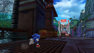 Sonic the Hedgehog 在充滿霓虹燈牌和岩石懸崖的未來城市中奔跑。 — 音速小子 壁紙