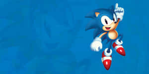 Sonic the Hedgehog 在藍色背景前帶著燦爛笑容揮手。 — 音速小子 壁紙