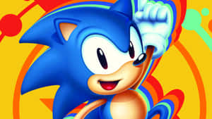 Sonic the Hedgehog 在色彩繽紛的背景上帶著開心的笑容揮手。 — 音速小子 壁紙
