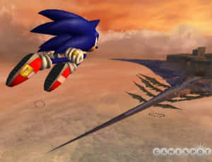 Sonic the Hedgehog 飛越沙漠，遠方有城堡和龍。 — 音速小子 壁紙
